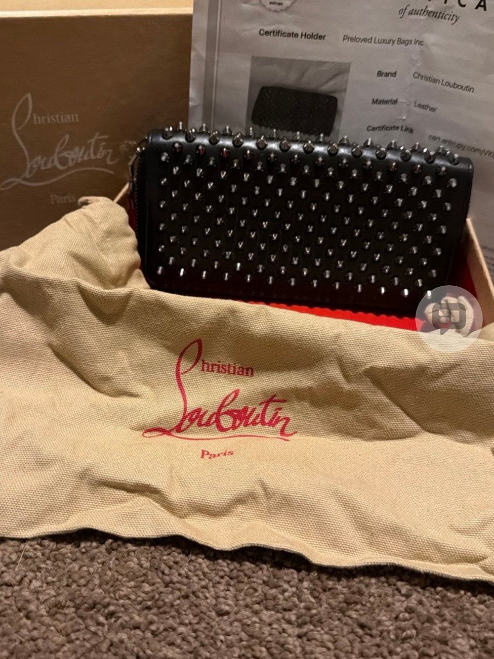 Christian Louboutin Black Leather Spike Zip-Around Wallet with Red Interior